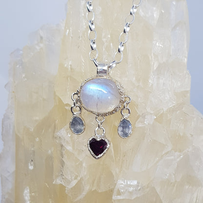 moonstone and rhodolite garnet heart necklace