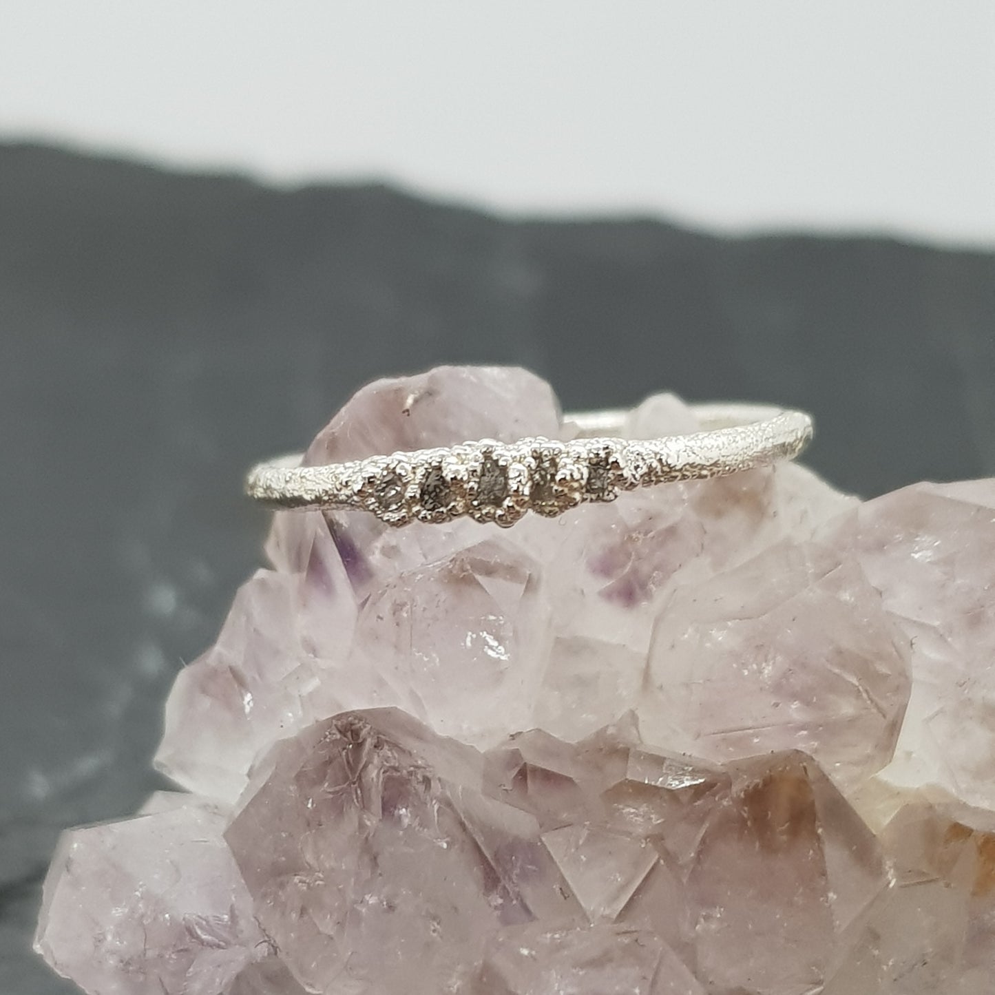 Tiny Raw White Diamond Silver Eternity Ring, UK size I 1/2