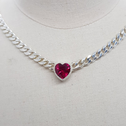 Ruby Heart Chunky Curb Chain Necklace (sample)