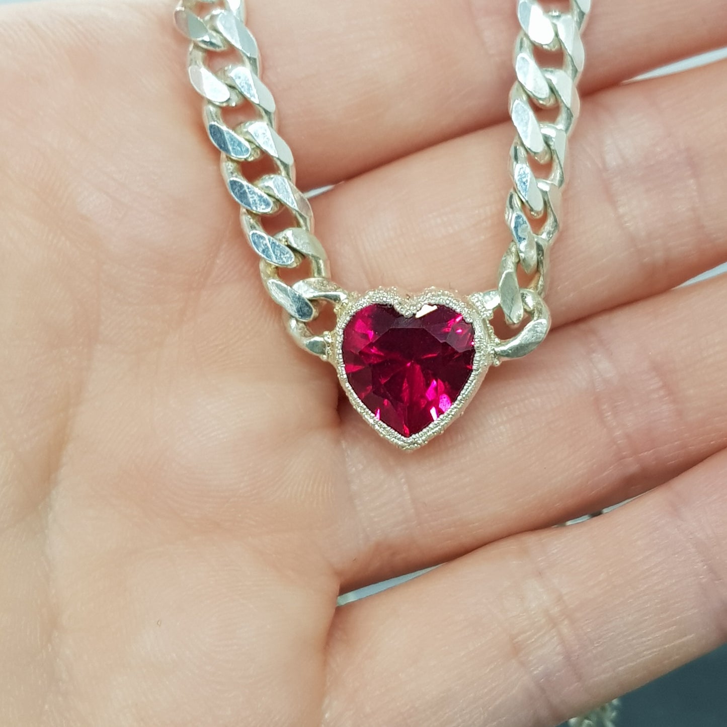 Ruby Heart Chunky Curb Chain Necklace (sample)