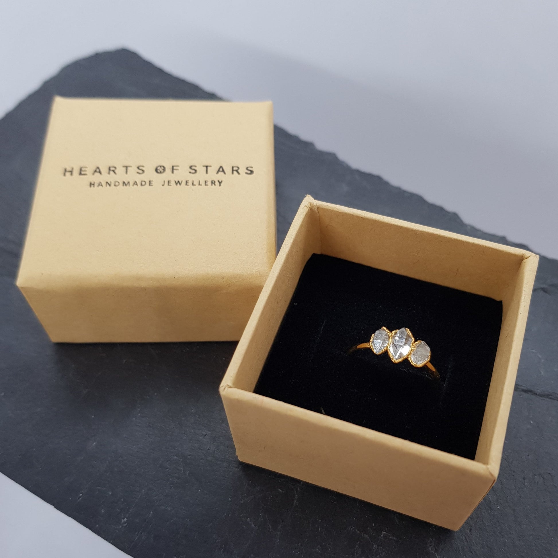 hearts of stars responsibly sourced jewellery ring box packaging showing triple Herkimer diamond ring