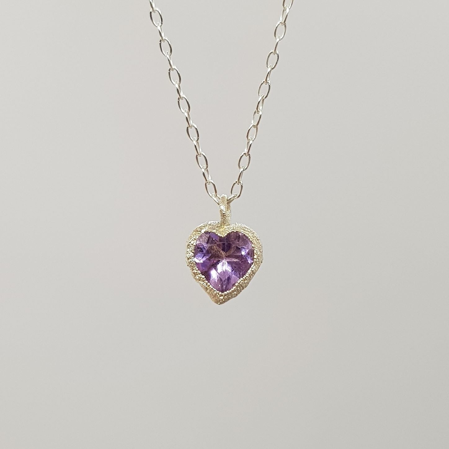 light amethyst faceted heart organic silver necklace