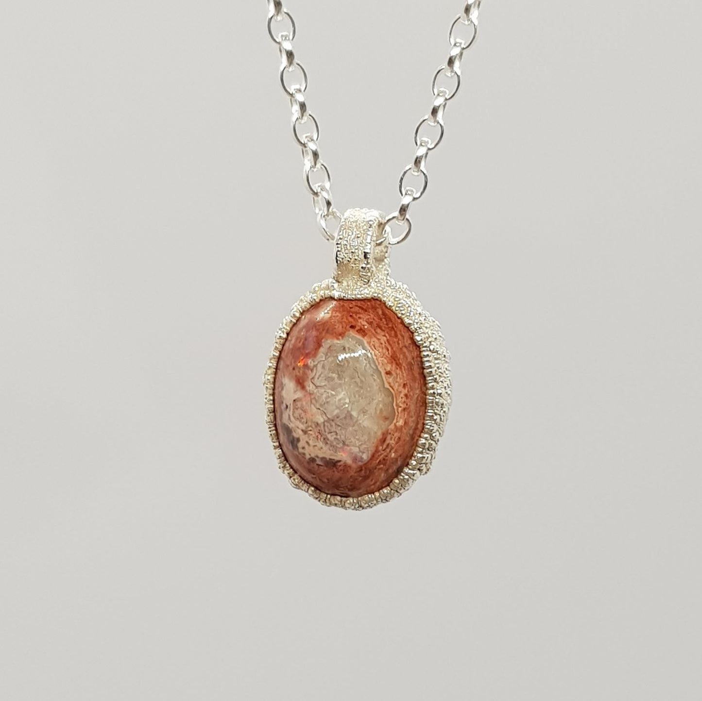 Mexican boulder opal raw textured silver pebble pendant necklace