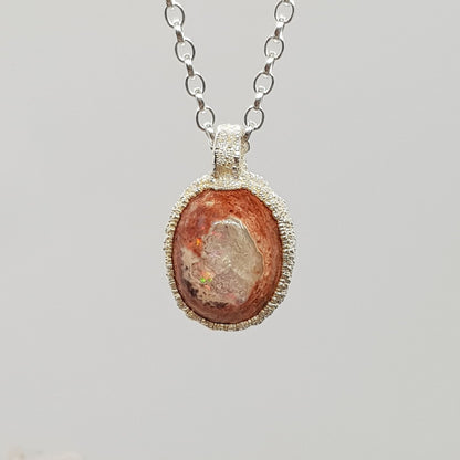 Mexican boulder opal raw textured silver pebble pendant necklace