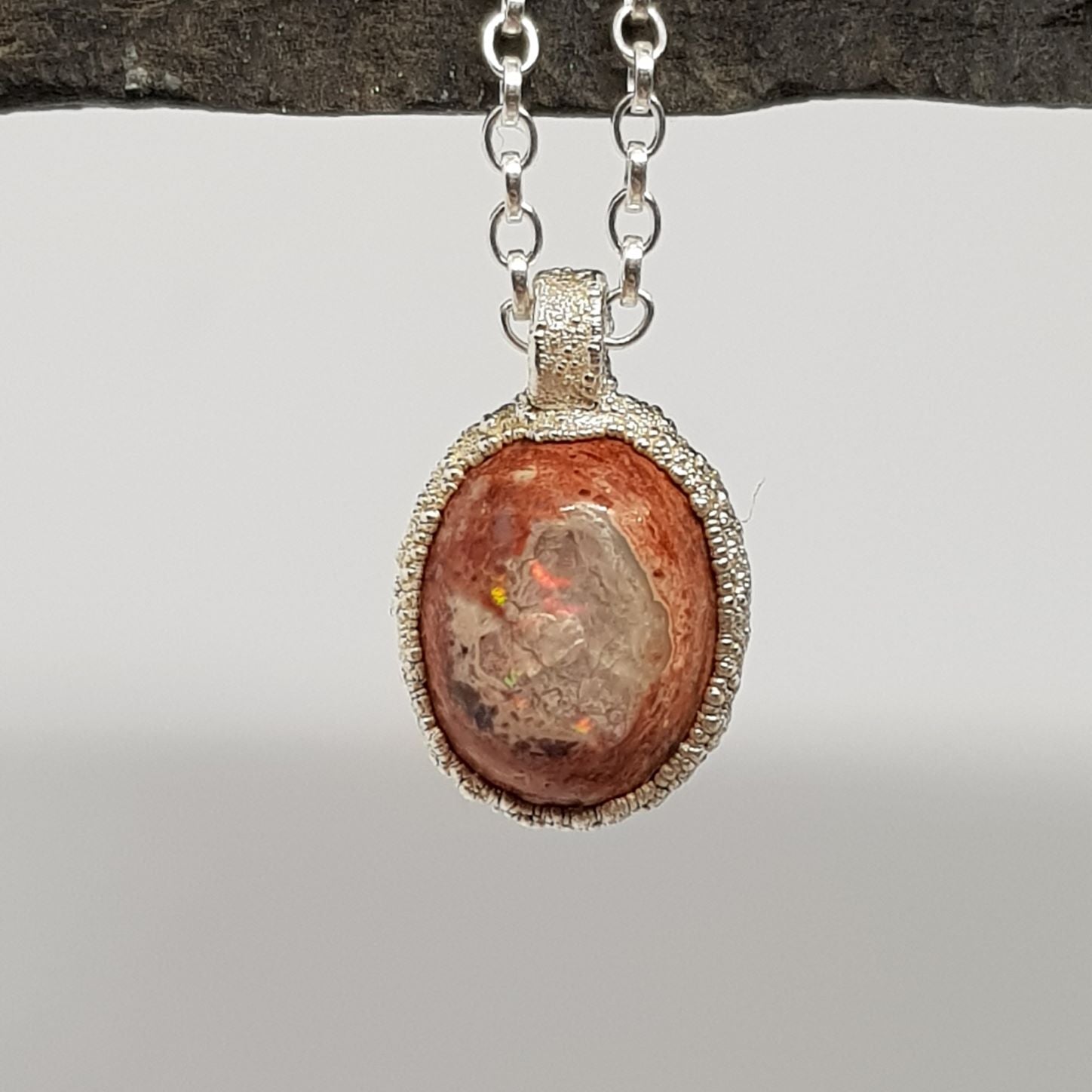 Mexican boulder opal raw textured silver pebble pendant necklace