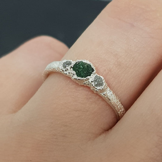 raw emerald and diamond silver ring