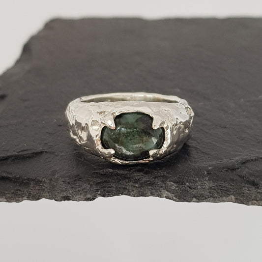 molten raw emerald chunky solid silver ring