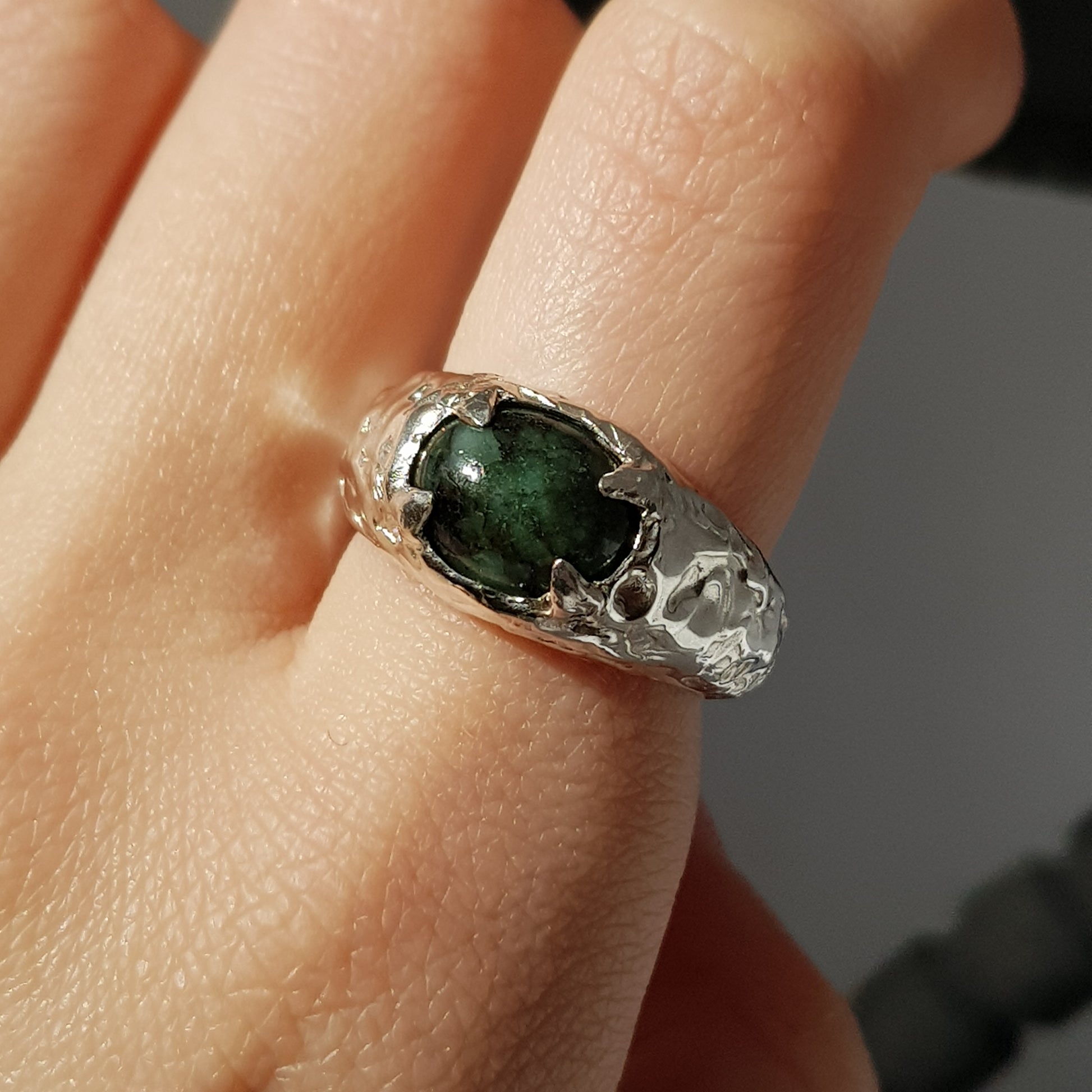 textured emerald matrix sterling silver signet ring