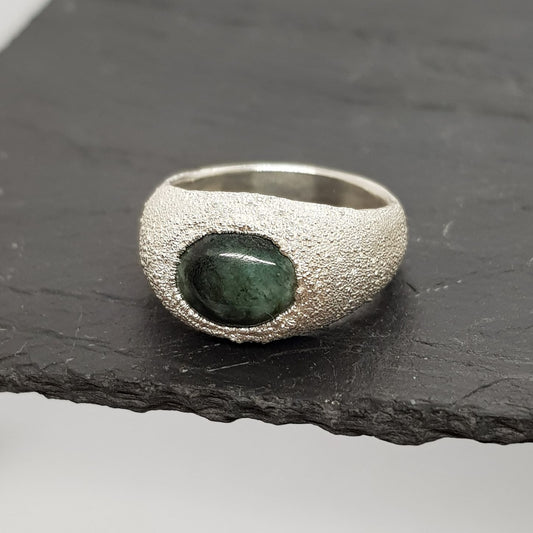 raw emerald matrix textured silver signet ring