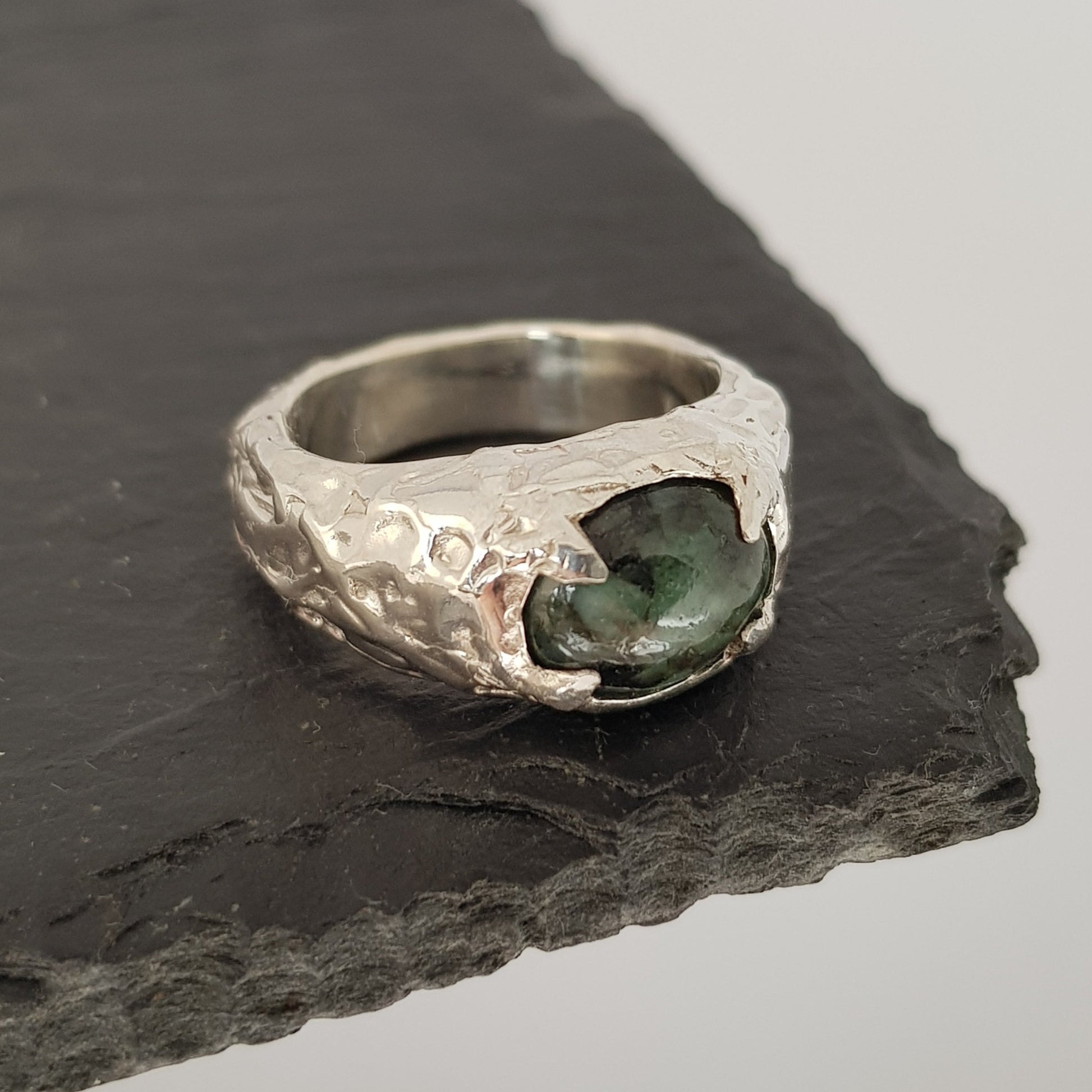 emerald chunky textured sterling silver ring