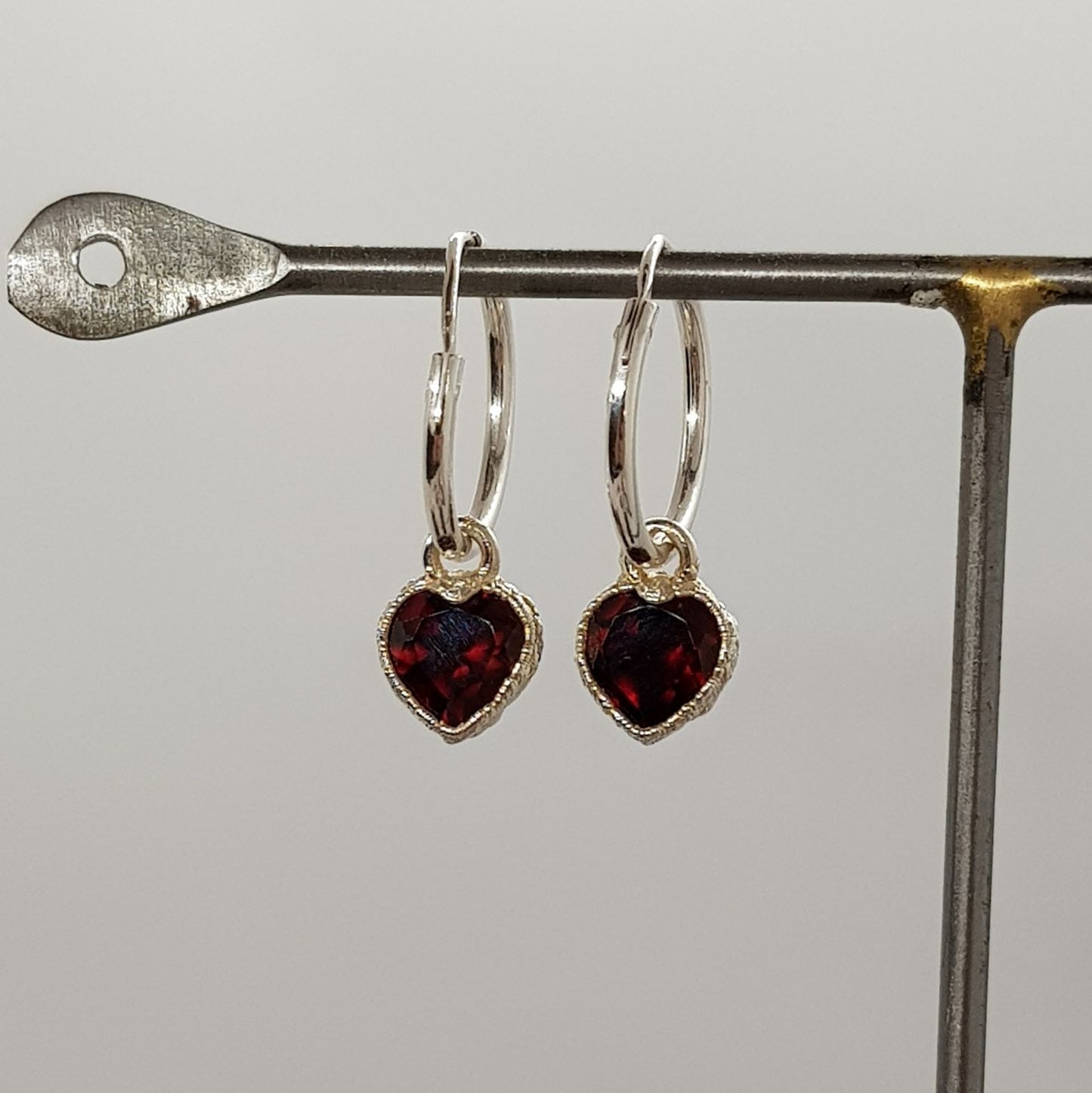 Garnet Heart Sterling Silver Hoop Earrings