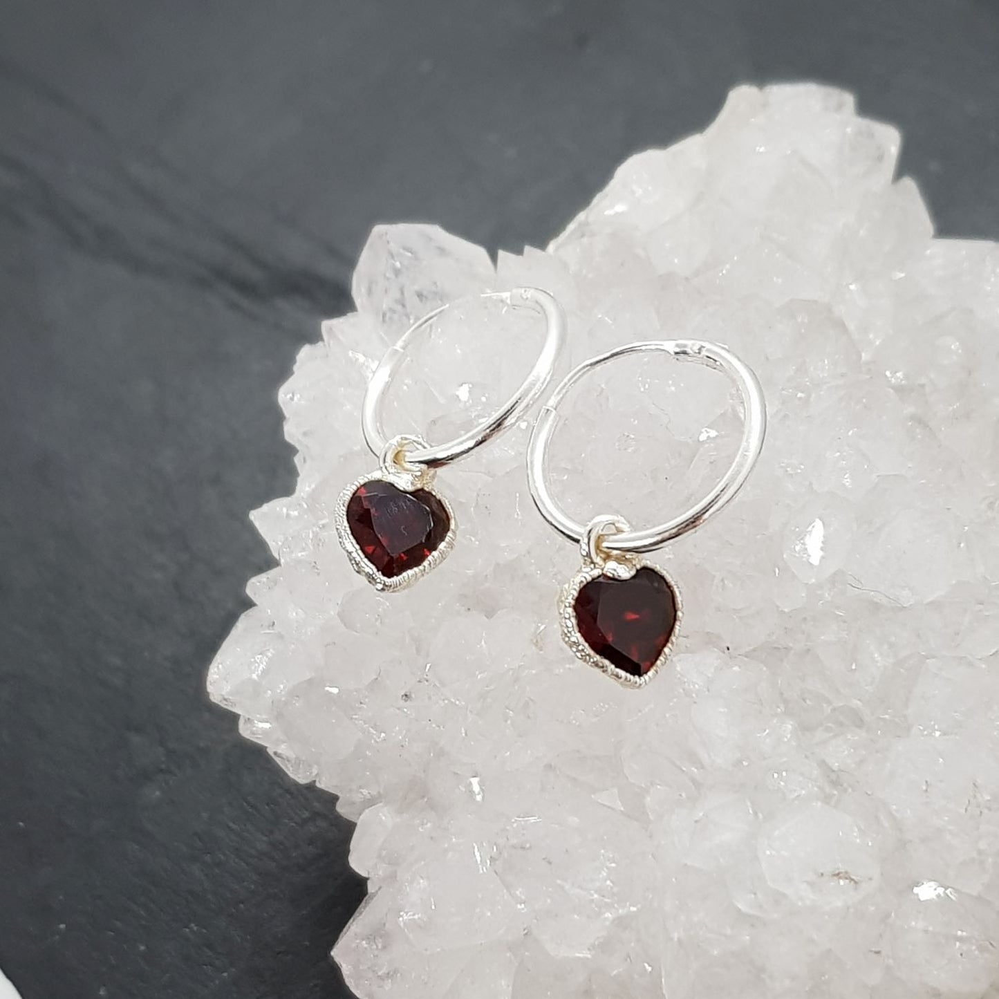 Garnet Heart Sterling Silver Hoop Earrings