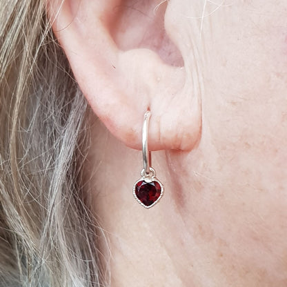 Garnet Heart Sterling Silver Hoop Earrings