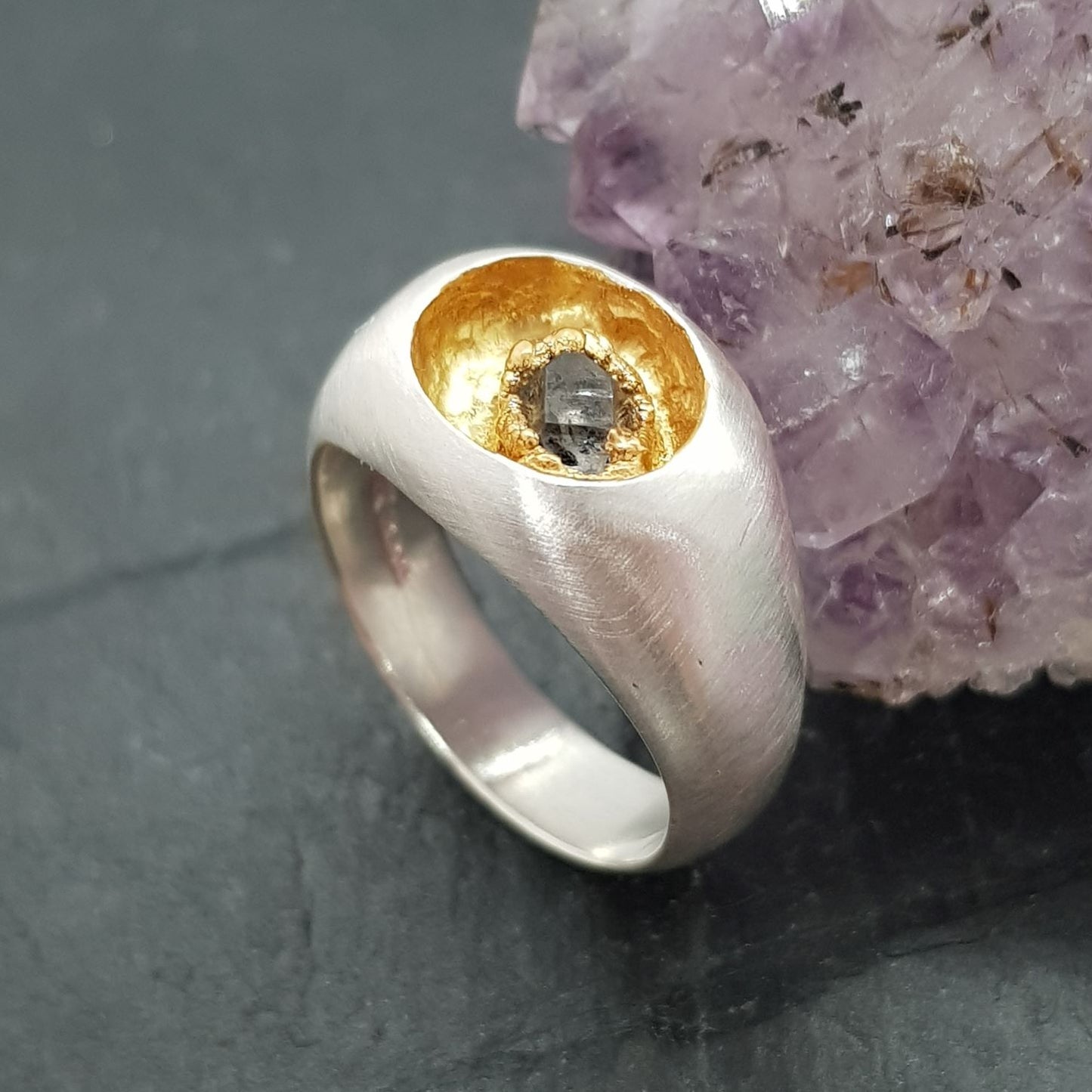 sterling silver sunken signet ring with raw Herkimer Diamond