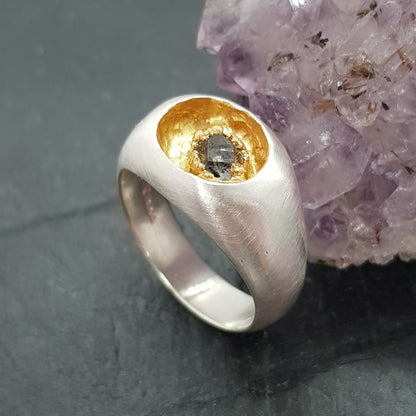 sterling silver sunken signet ring with raw Herkimer Diamond