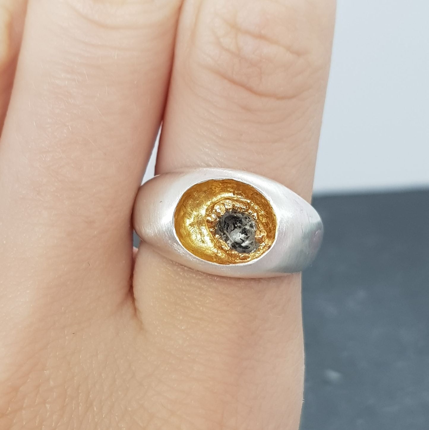 sterling silver sunken signet ring with raw Herkimer Diamond