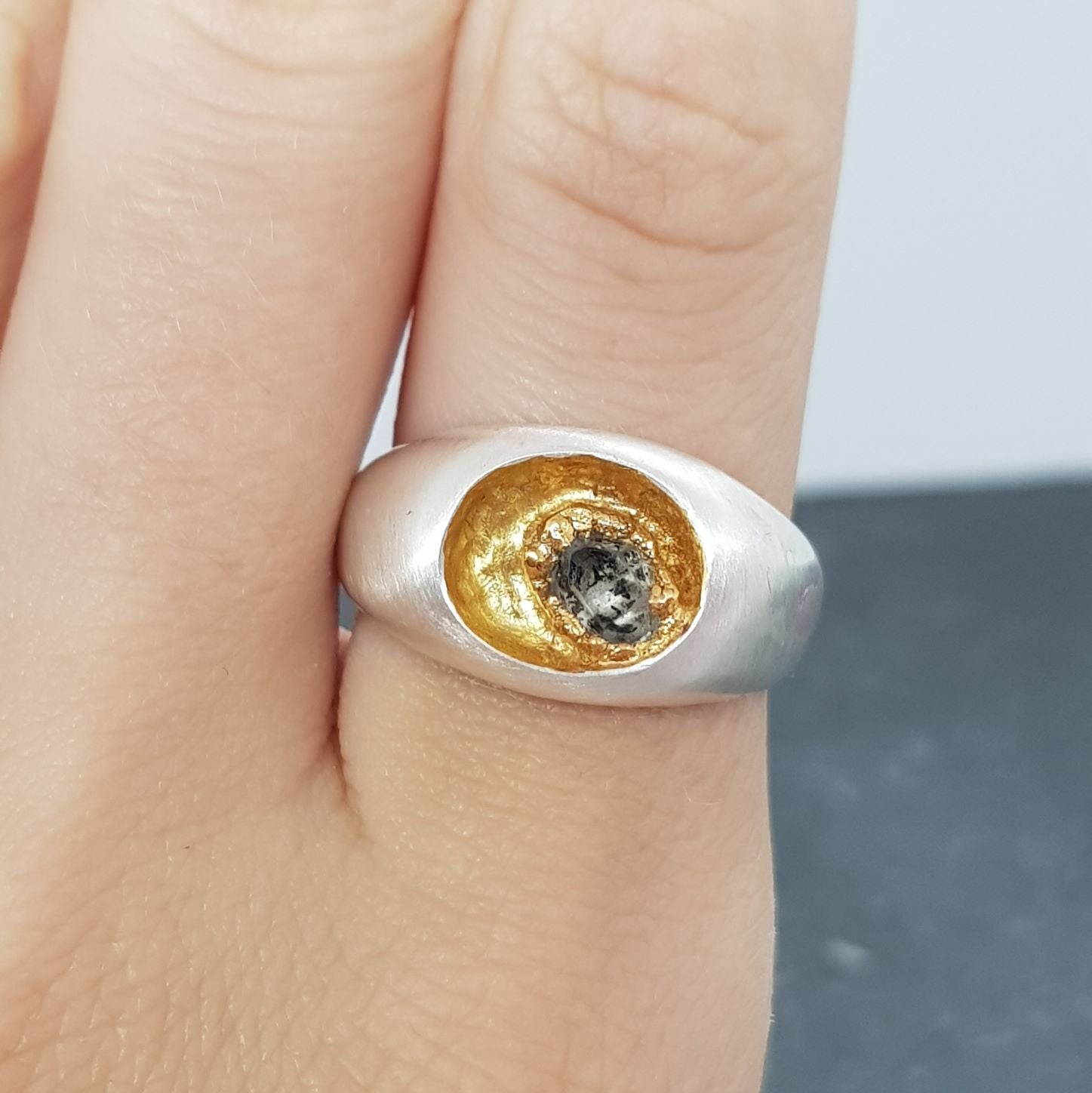 sterling silver sunken signet ring with raw Herkimer Diamond