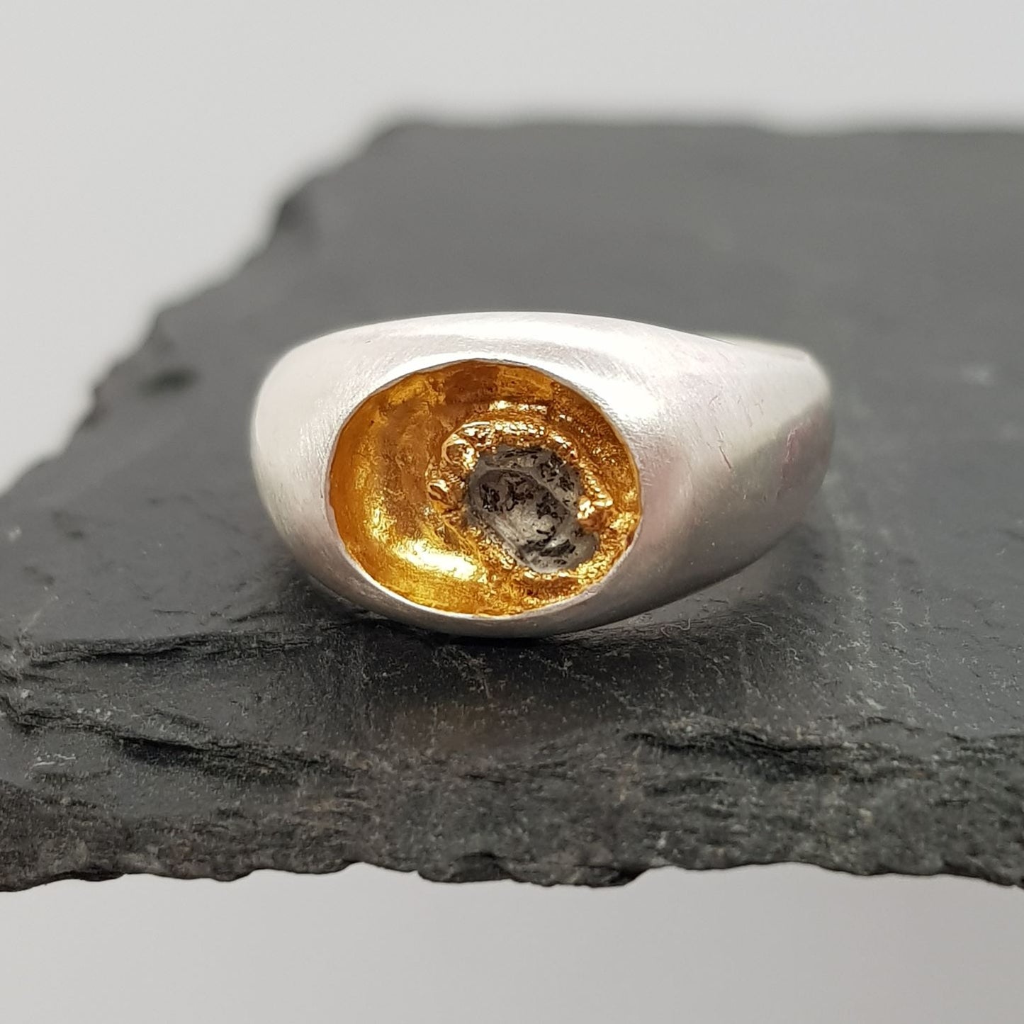 sterling silver sunken signet ring with raw Herkimer Diamond