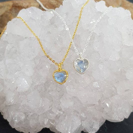 electroformed moonstone heart necklaces in silver and gold