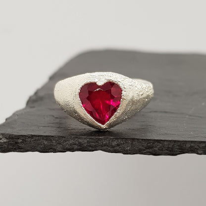 ruby heart chunky silver signet ring