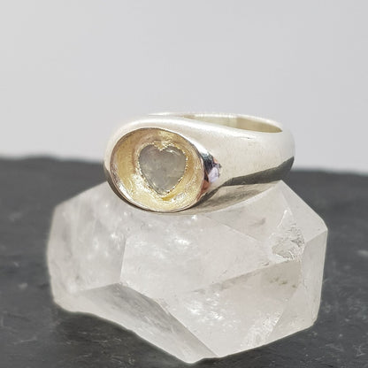 moonstone heart sunken silver signet ring on crystal