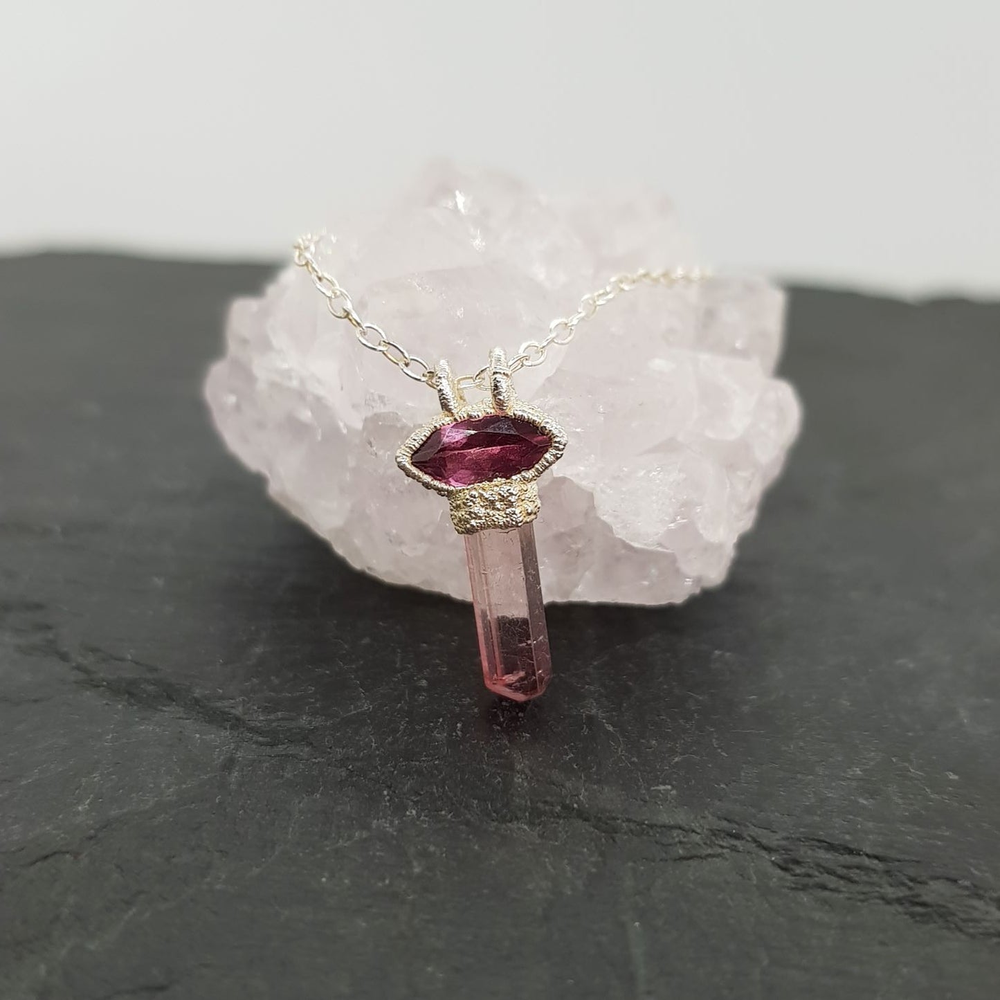 raw pink tourmaline pencil necklace