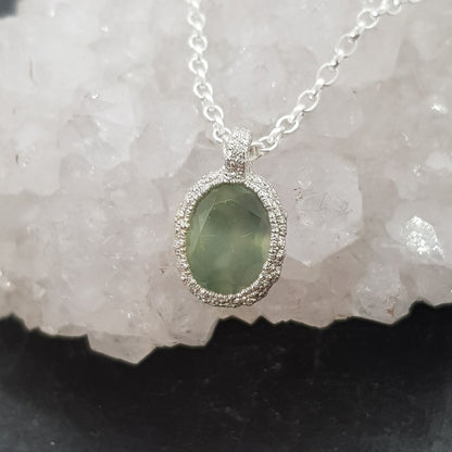 green prehnite raw silver textured pebble necklace