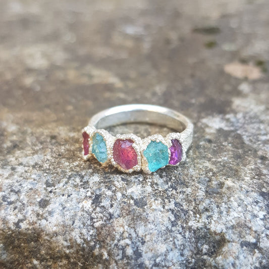 raw gemstone ring pink tourmaline and apatite