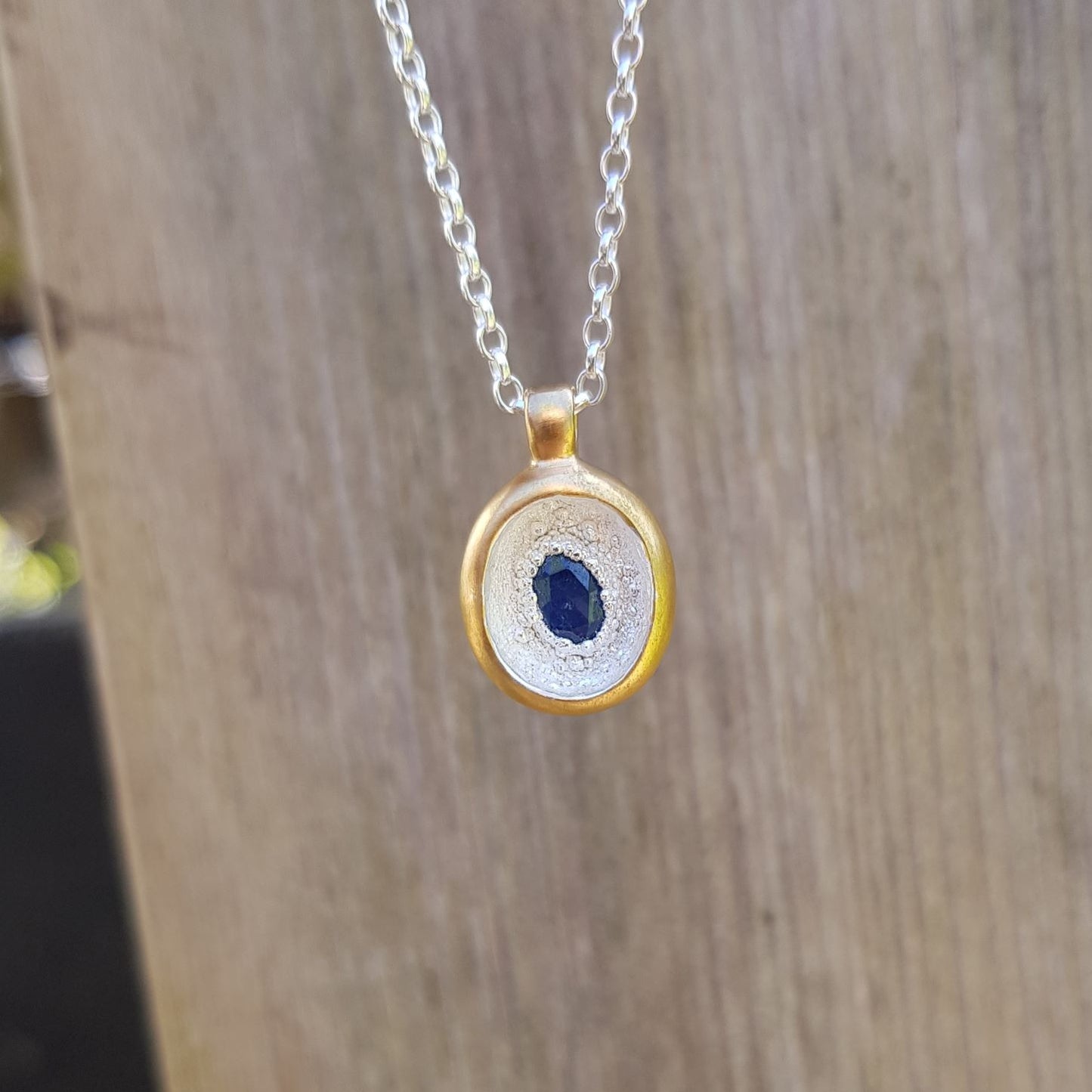 rose cut blue sapphire gold and silver necklace