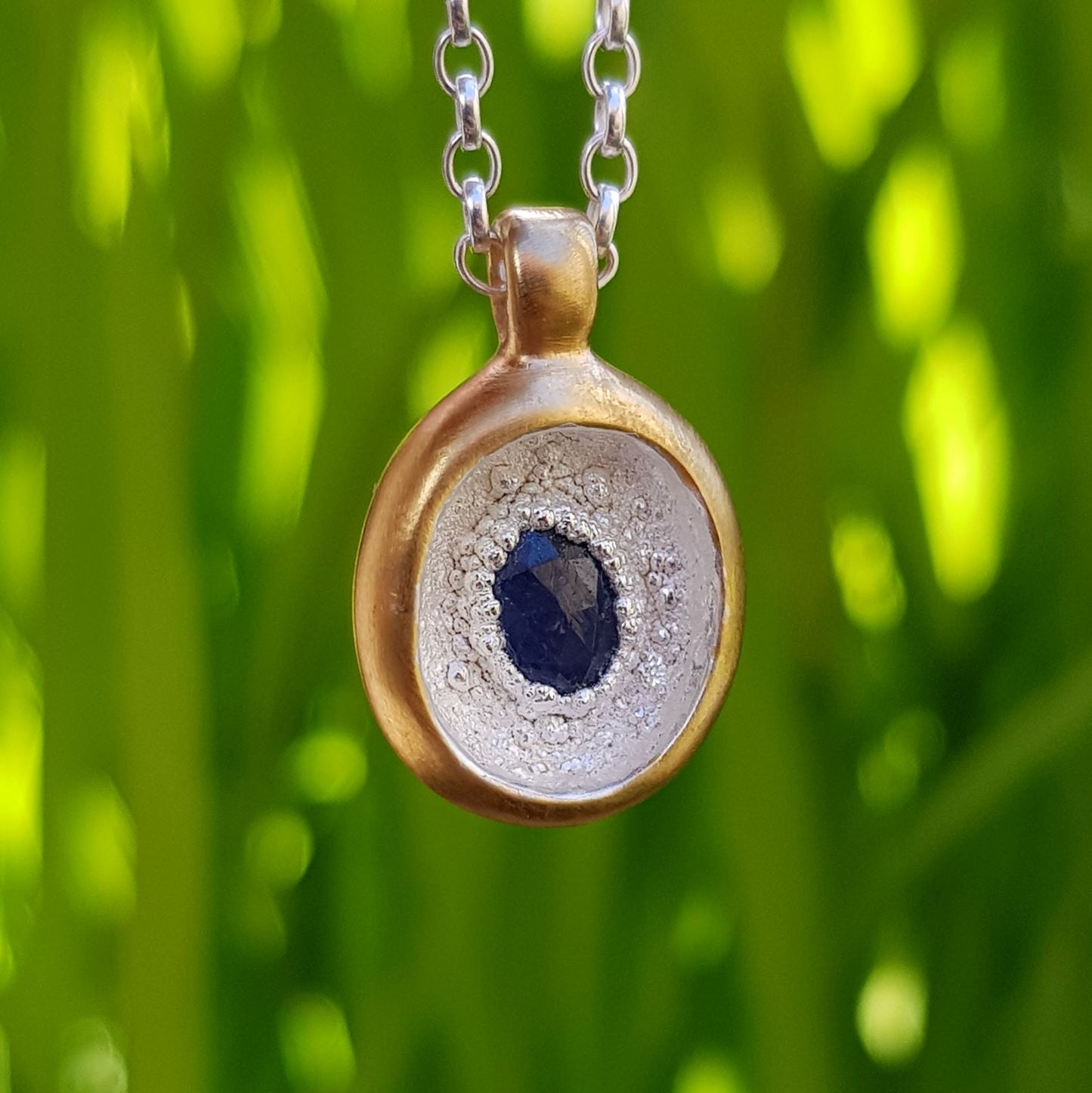 rose cut blue sapphire gold and silver necklace