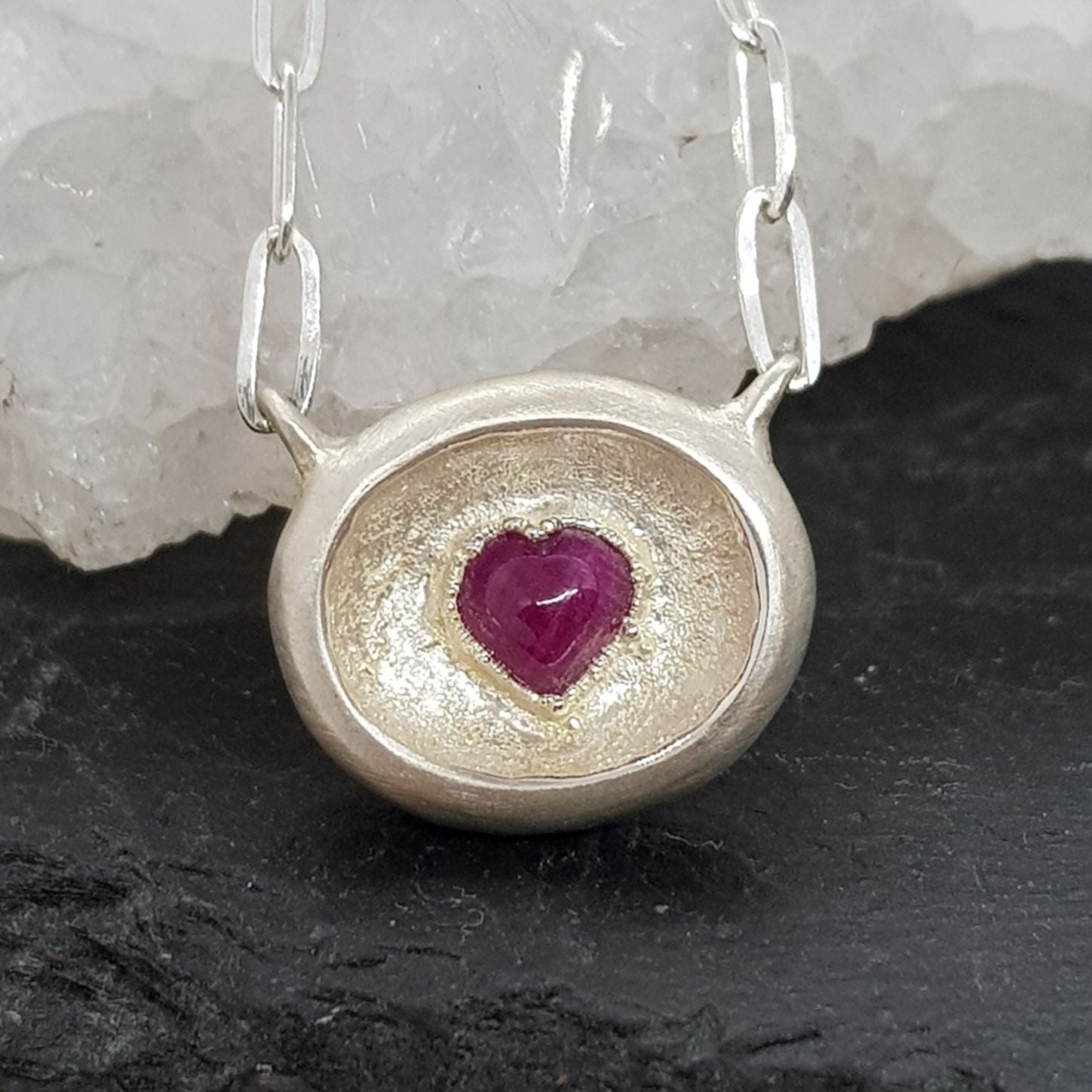 ruby heart silver textured sunken signet necklace