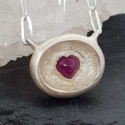 ruby heart silver textured sunken signet necklace