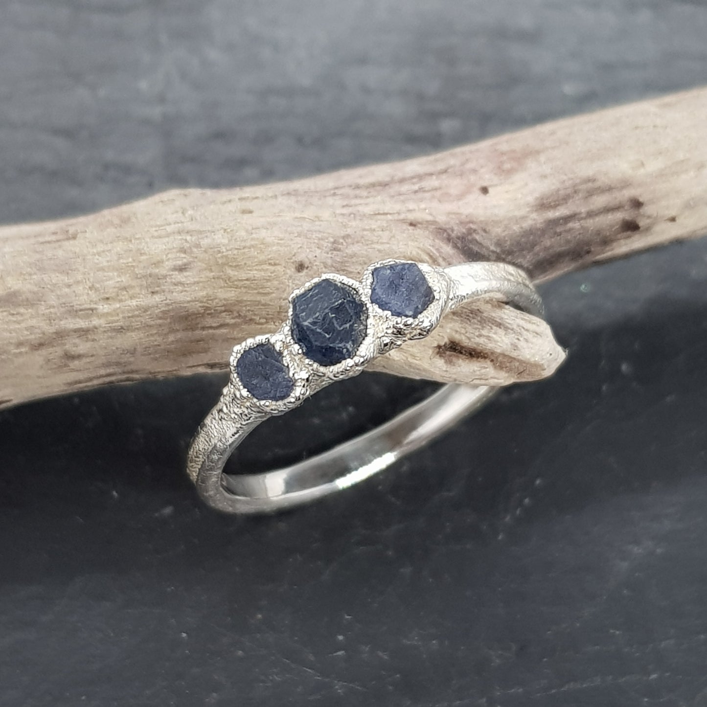 triple rough sapphire sterling silver ring